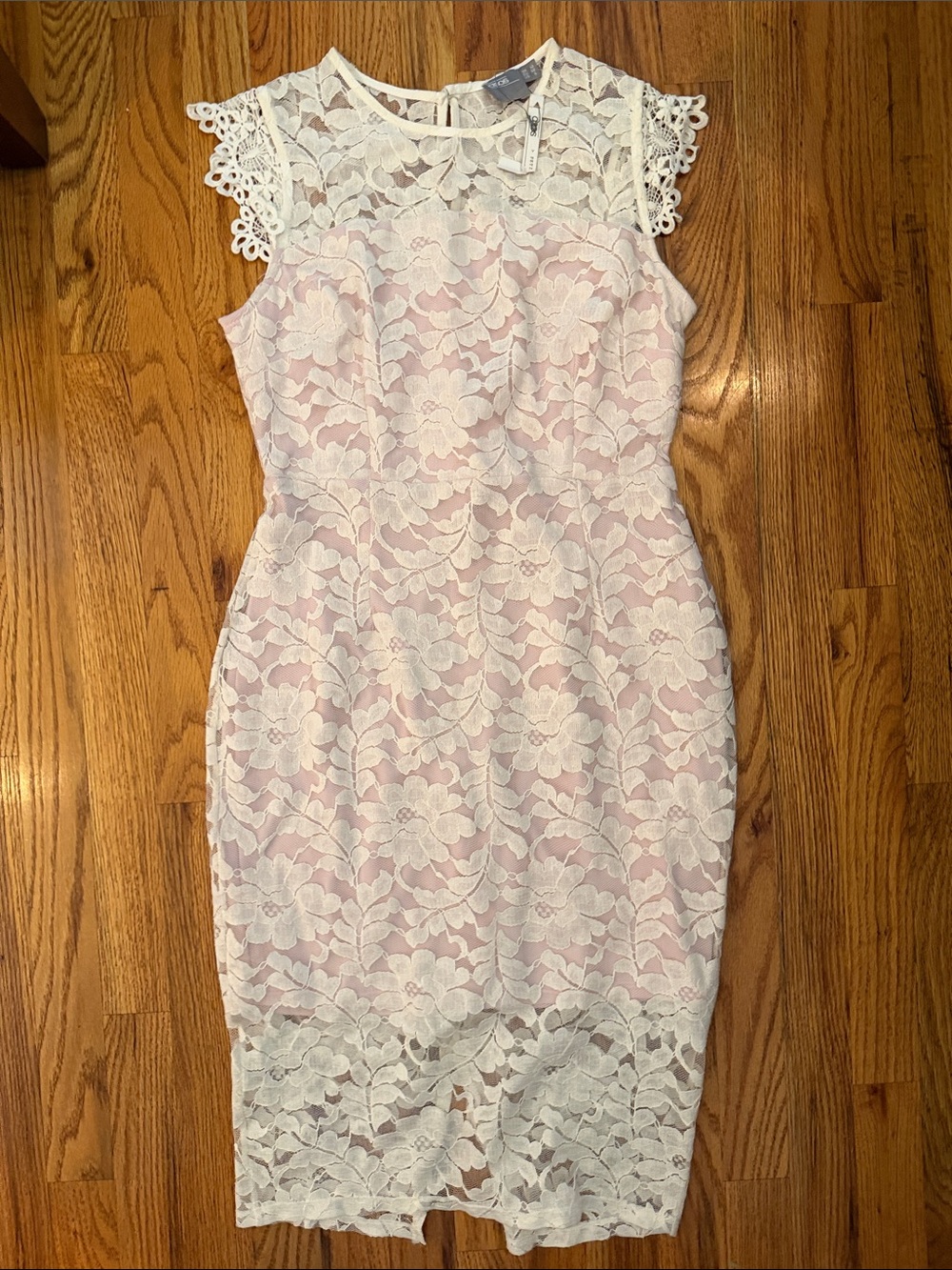 ASOS White Lace Midi Sheath Dress with Pink Underlay size 6 Petite NWT